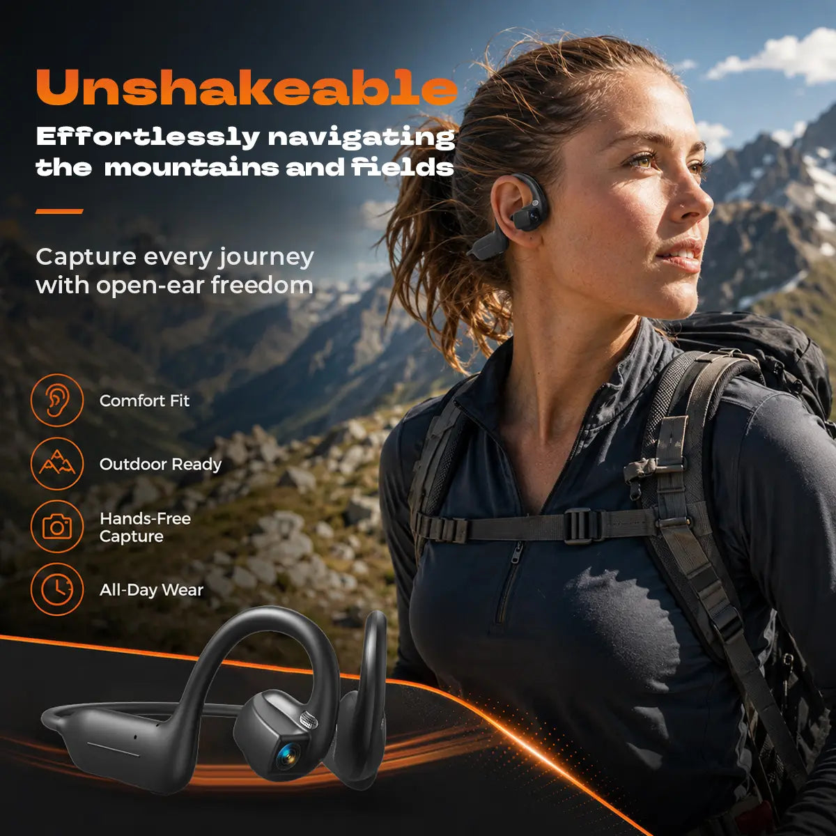 E12 Bone Conduction Bluetooth Headphones with 8MP EIS Stabilized Camera, 160+ Languages Instant Translation, Touch & Button Control, IP54 Waterproof Wearable Headset for Outdoor Cycling Vlog Recording Sports & Daily Communication
