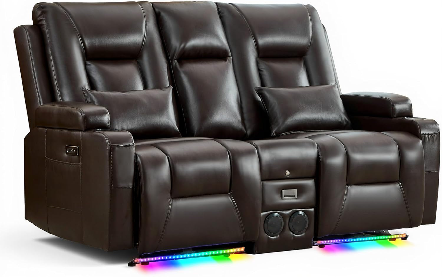 URRED Power Loveseat Recliner Sofa with Center Console, Wall Hugger RV Reclining Couch, Home Theater Seating with LED Lights, Bluetooth Speakers, USB Ports, Outlets, Cup Holders, Side Pockets (Coffee)