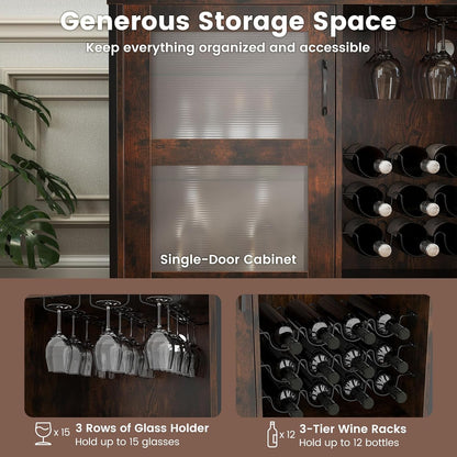 GOFLAME Wine Bar Cabinet on Wheels, Liquor Buffet Sideboard with LED Lights, Storage Shelves, Glass Holders & Wine Racks, Industrial Coffee Cart Station for Kitchen Dining Room, Rustic Brown