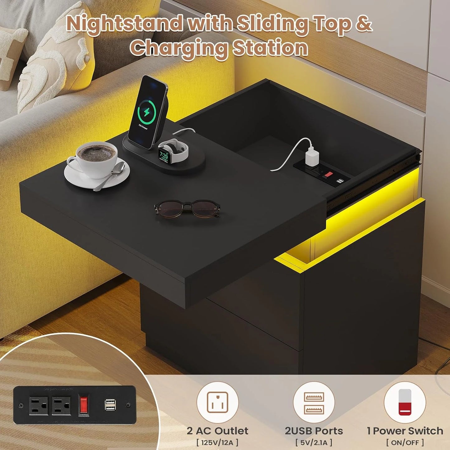 Bedroom Nightstand Charging Station LED Lights Sliding Top Drawers