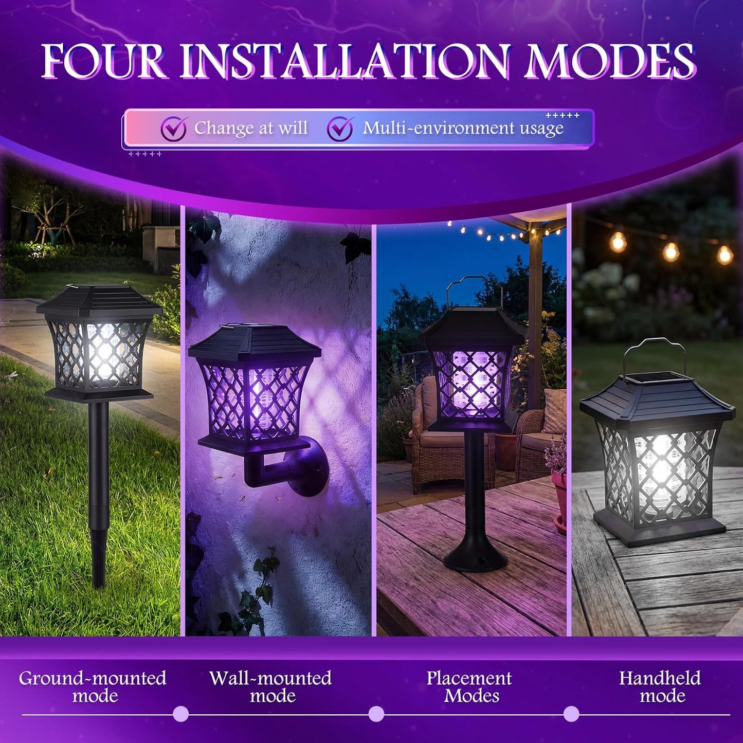 2 Pack Solar Bug Zapper with 365Nm UV Light, 2 Light Modes & 4 Installation Ways, Outdoor Mosquito Zapper for Lawn for Indoor Outdoor Use Garden & Camping Patio(Classic)