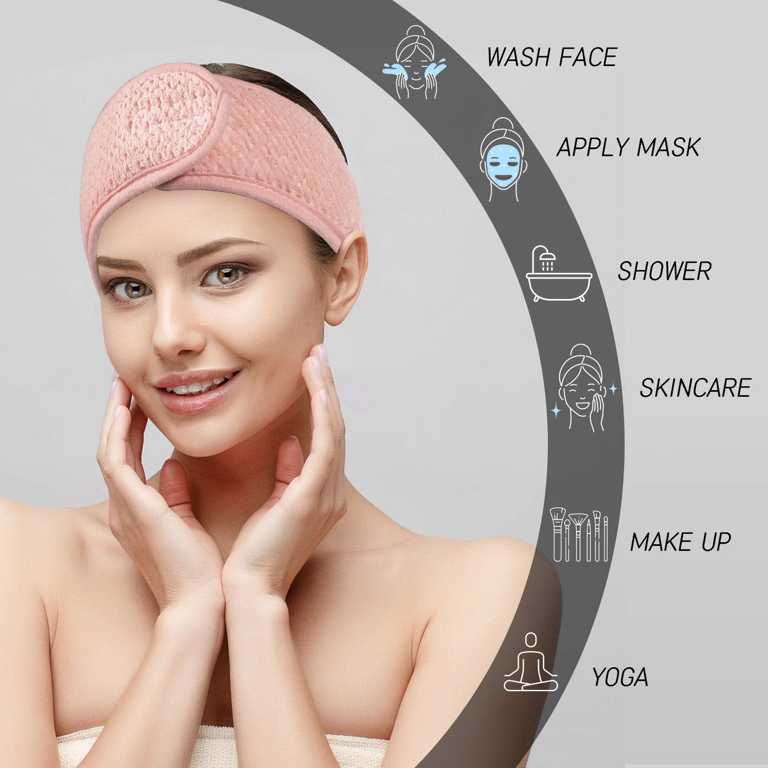 Whaline 4 Pack Spa Facial Headband, Pea Green, Pink, Beige, Light Gray | Makeup Hair Wrap, Adjustable Hair Band, Soft Towel Head Band, for Face Washing, Shower Sports Yoga