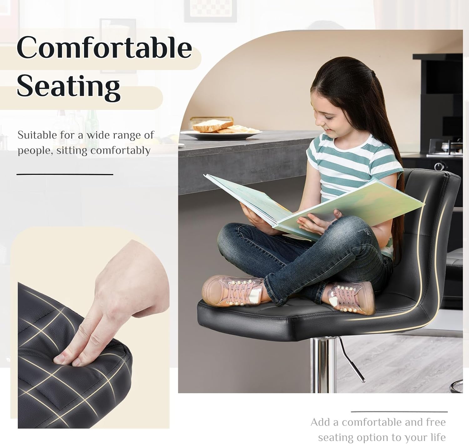 DUMOS Bar Stools Set of 4, 24 Inch Counter Height Bar Stools, Upholstered Modern Kitchen Barstools with Metal Base, PU Leather Saddle Stools for Kitchen Island, Inky Black