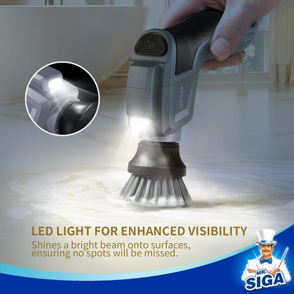 MR.SIGA Electric Spin Scrubber for Kitchen and Bathroom Cleaning, Waterproof Rechargeable Cordless Spin Scrubber with 5 Replaceable Cleaning Brushes and Pads