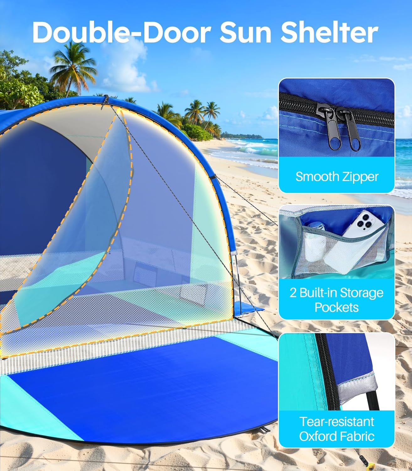 Rhino Valley Beach Tent with Double Zippered Doors, Beach Tent Sun Shelter with UPF50+ UV Protection, Beach Canopy Portable Storage Bag for Beach Camping Fishing, for 2-3 People