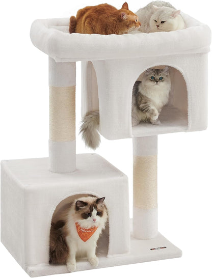 Feandrea Cat Tree, 33.1-Inch Cat Tower, Plush Condo for Large Cats up to 16 Lb, Large Perch, 2 Caves, Scratching Post, Light Gray UPCT61W