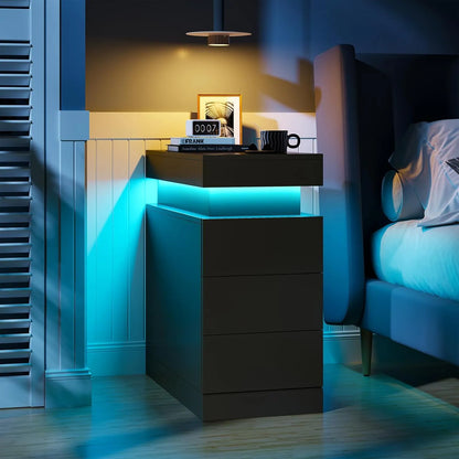 Bedroom Nightstand Charging Station LED Lights Sliding Top Drawers