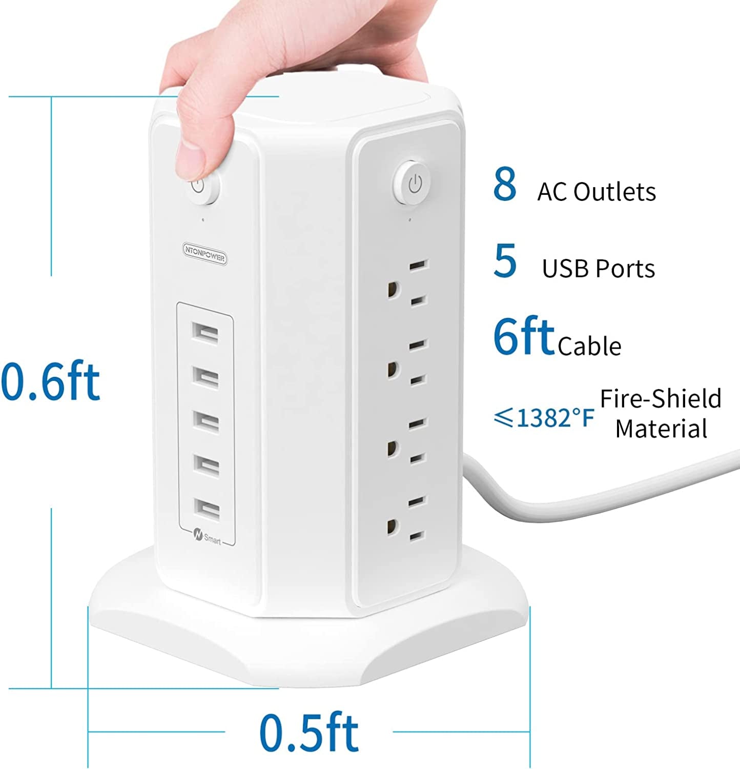 Power Strip Tower Surge Protector, NTONPOWER 8 Outlet 5 USB Desktop Charging Station 1625W 13A, 6Ft Extension Cord Flat Plug, Individual Switches, 1080 Joules, Overload Protection for Home Office