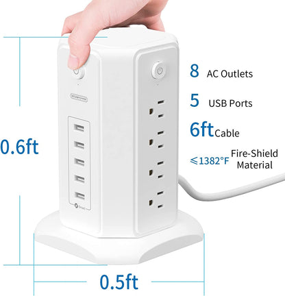 Power Strip Tower Surge Protector, NTONPOWER 8 Outlet 5 USB Desktop Charging Station 1625W 13A, 6Ft Extension Cord Flat Plug, Individual Switches, 1080 Joules, Overload Protection for Home Office