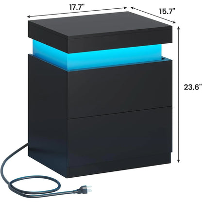 Bedroom Nightstand Charging Station LED Lights Sliding Top Drawers