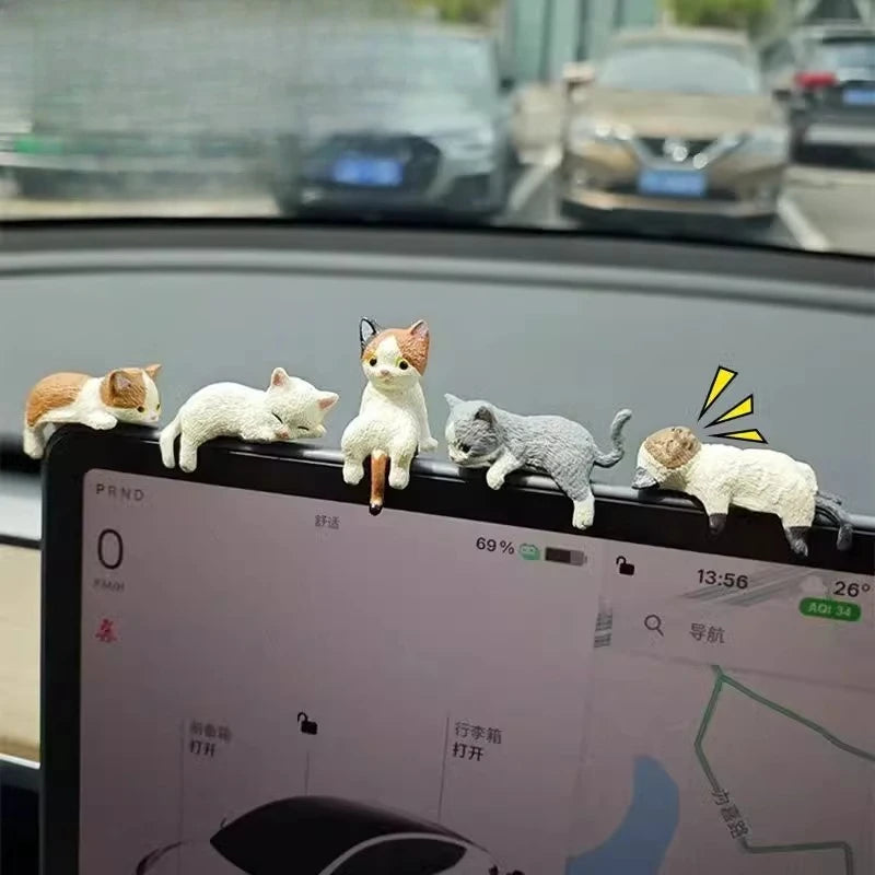 4Pcs Cute Kitten Decoration Creative Sleeping Cat Doll Automobile Screen Ornaments Toys Cat Micro Landscape Decoration Gifts