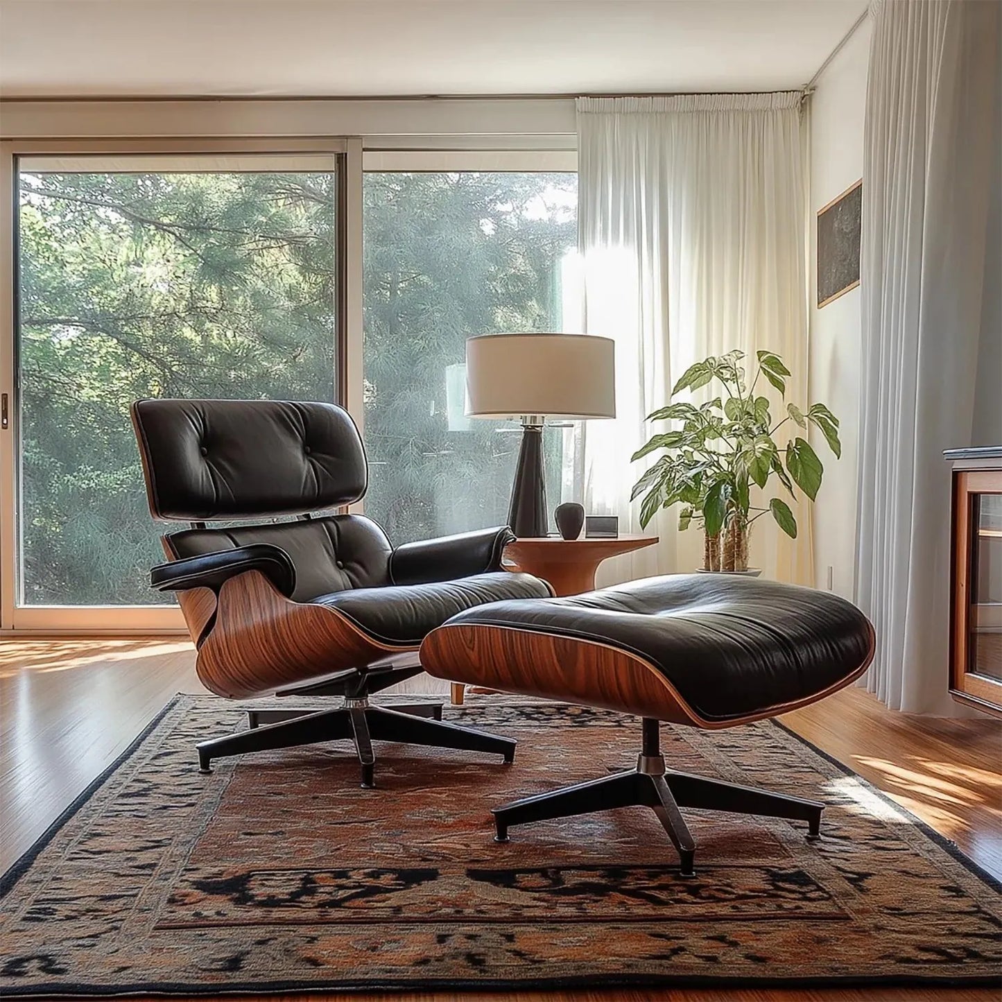 Mid-Century Full Grain Leather Accent Chaise Lounge Chair and Ottoman