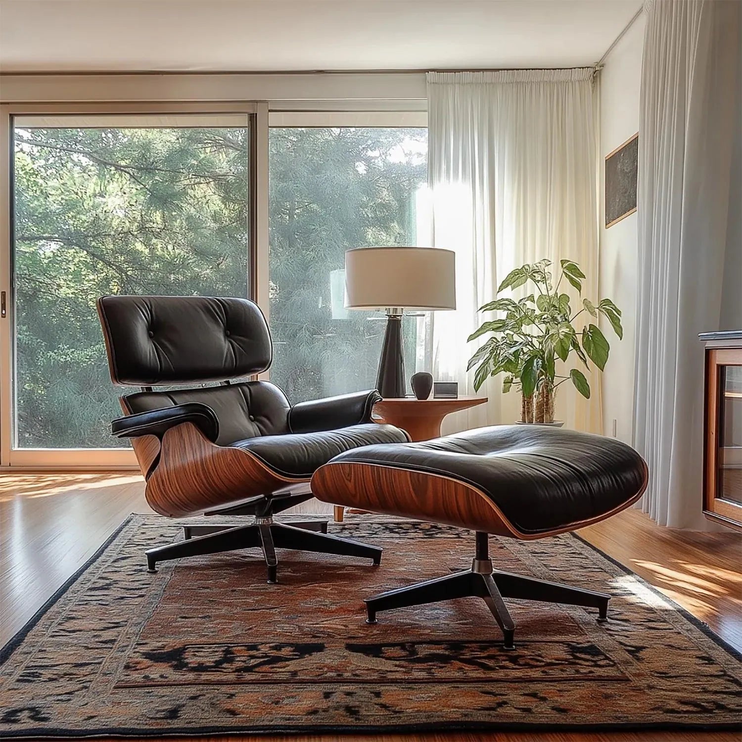 Mid-Century Full Grain Leather Accent Chaise Lounge Chair and Ottoman