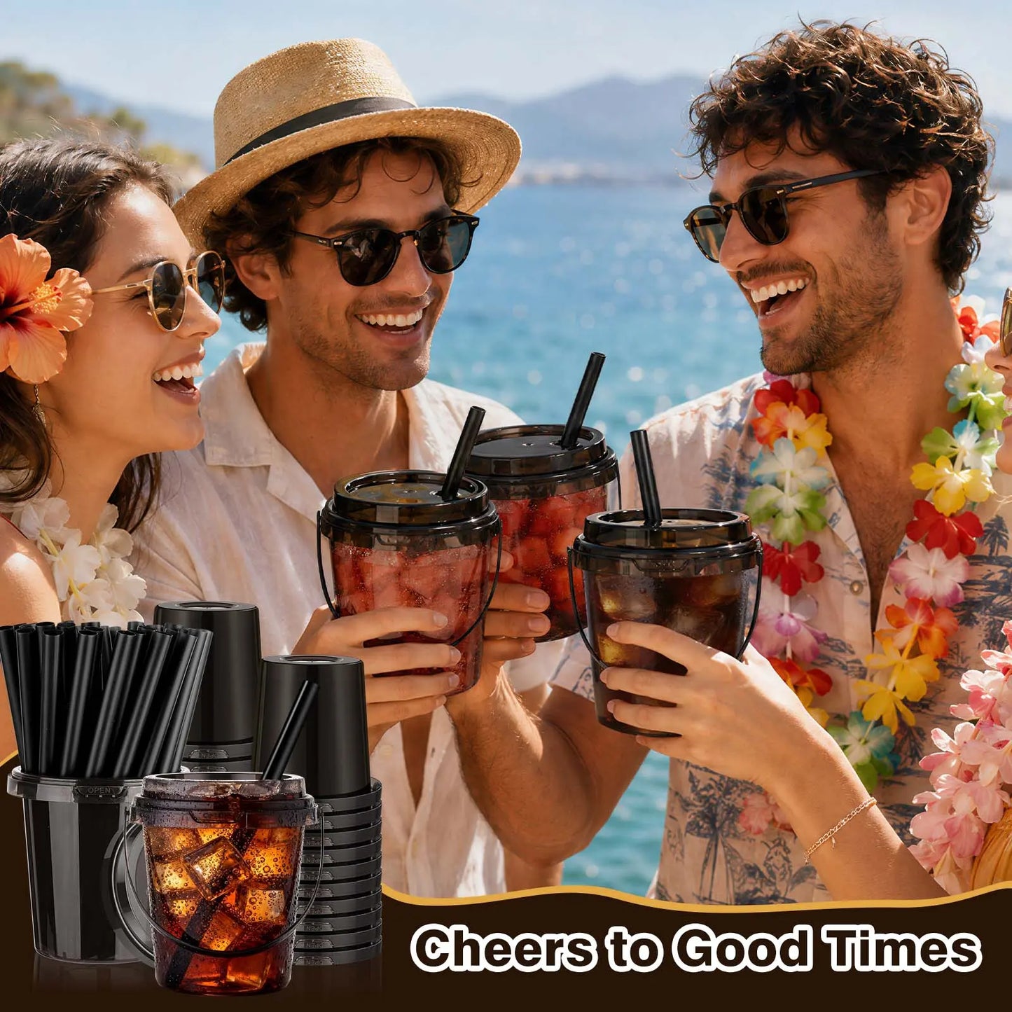 Kesaplan 30 Pack 24Oz Drink Buckets with Lids and Straws, Black Bucket Cups Reusable,Stackable,With Handle,Ideal for Iced Coffee,Bubble Tea,Lemonade,Holiday and Party Use