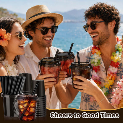 Kesaplan 30 Pack 24Oz Drink Buckets with Lids and Straws, Black Bucket Cups Reusable,Stackable,With Handle,Ideal for Iced Coffee,Bubble Tea,Lemonade,Holiday and Party Use