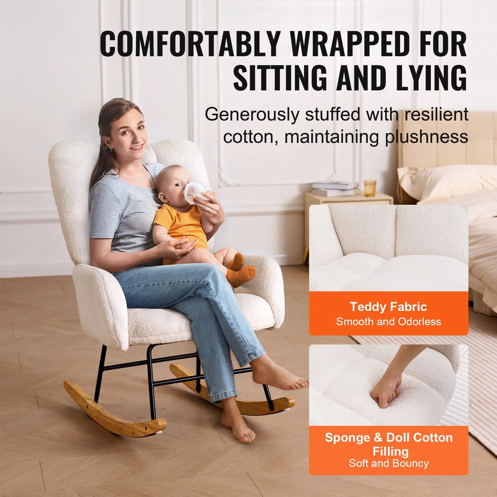 VEVOR Rocking Chair Nursery, Glider Rocking Chair with Soft Seat and High Backrest, Electric Chair 250 Lbs Weight Capacity Teddy Fabric, Upholstered Glider Rocker Chair for Nursery, Bedroom, Living Room, Ivory White