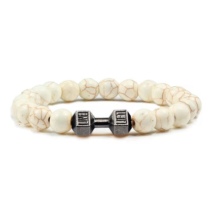 ForgeFit™ Volcanic Stone Fitness Bracelet / Natural Volcanic Stone Bracelet Men Matte Black Lave White Beads Charm Dumbbell Strand Bracelets Women Barbell Fitness Jewelry