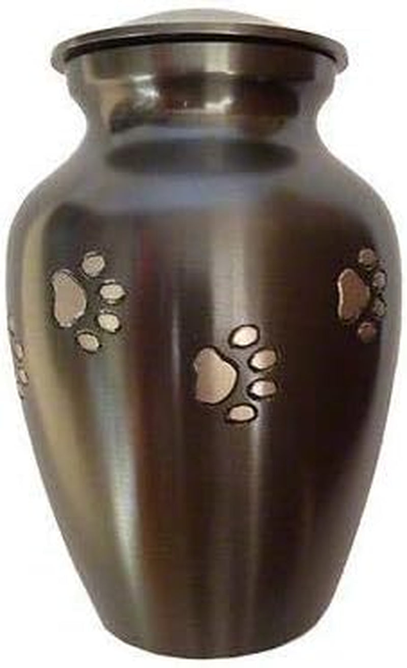 Ottillie Paws Legacy Series Pet Urn for Dogs and Cats, Handmade Brass Memorial Cremation Urn (Small - Pets up to 25 Lbs, Pewter, Vertical Brass Paws)