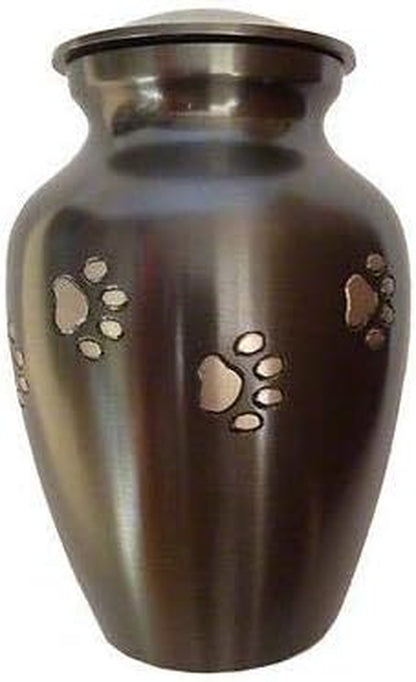Ottillie Paws Legacy Series Pet Urn for Dogs and Cats, Handmade Brass Memorial Cremation Urn (Small - Pets up to 25 Lbs, Pewter, Vertical Brass Paws)