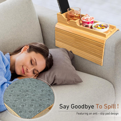Yoshiky Bamboo Couch Armrest Table, Couch Arm Tray with Removable Couch Cup Holder, 2 in 1 Design Foldable Anti-Slip Bamboo Couch Tray and Sofa Cup Holder for Drink