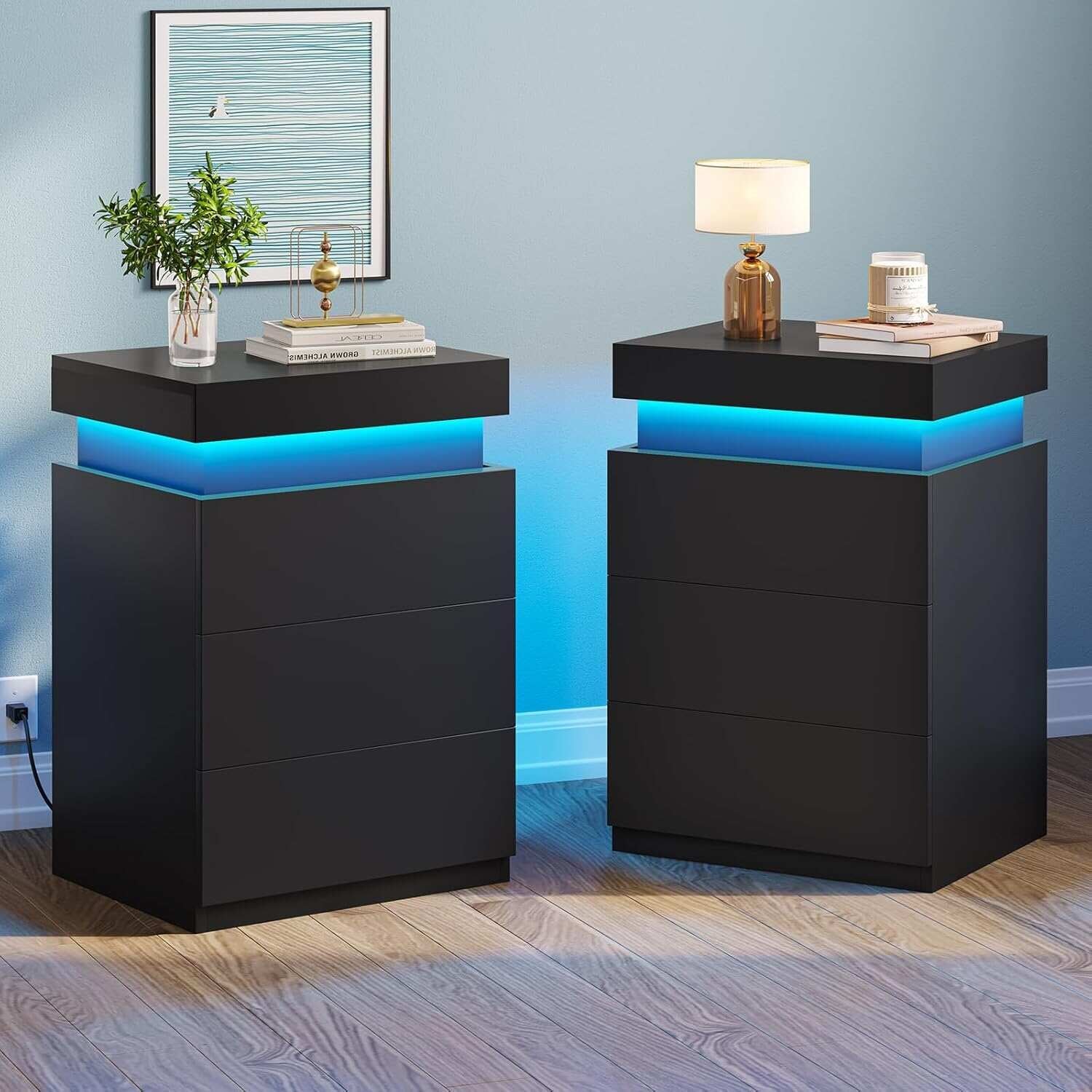 Bedroom Nightstand Charging Station LED Lights Sliding Top Drawers