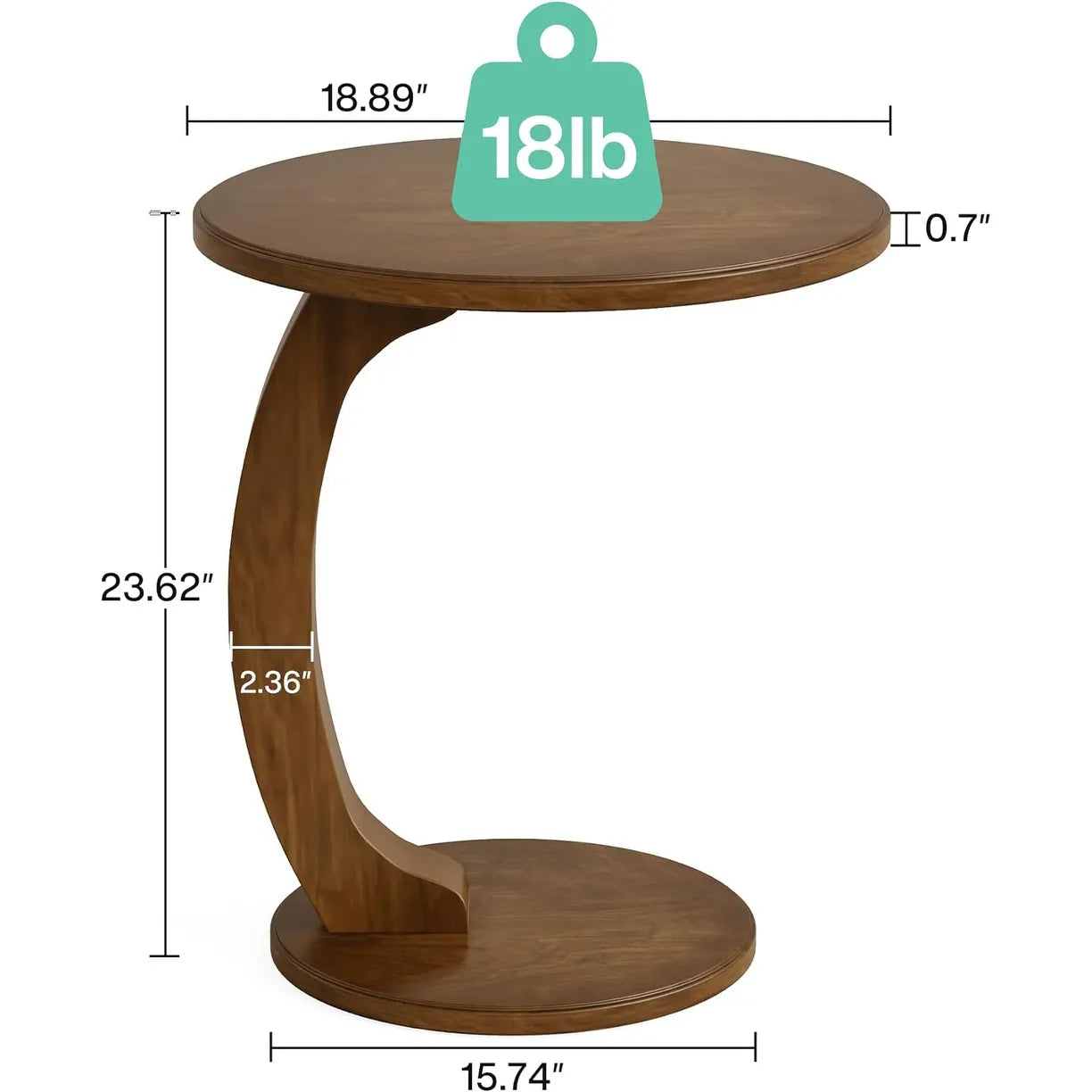 Solid Wood round End Table Mid Century C-Shaped Side Table for Living Room & Bedroom