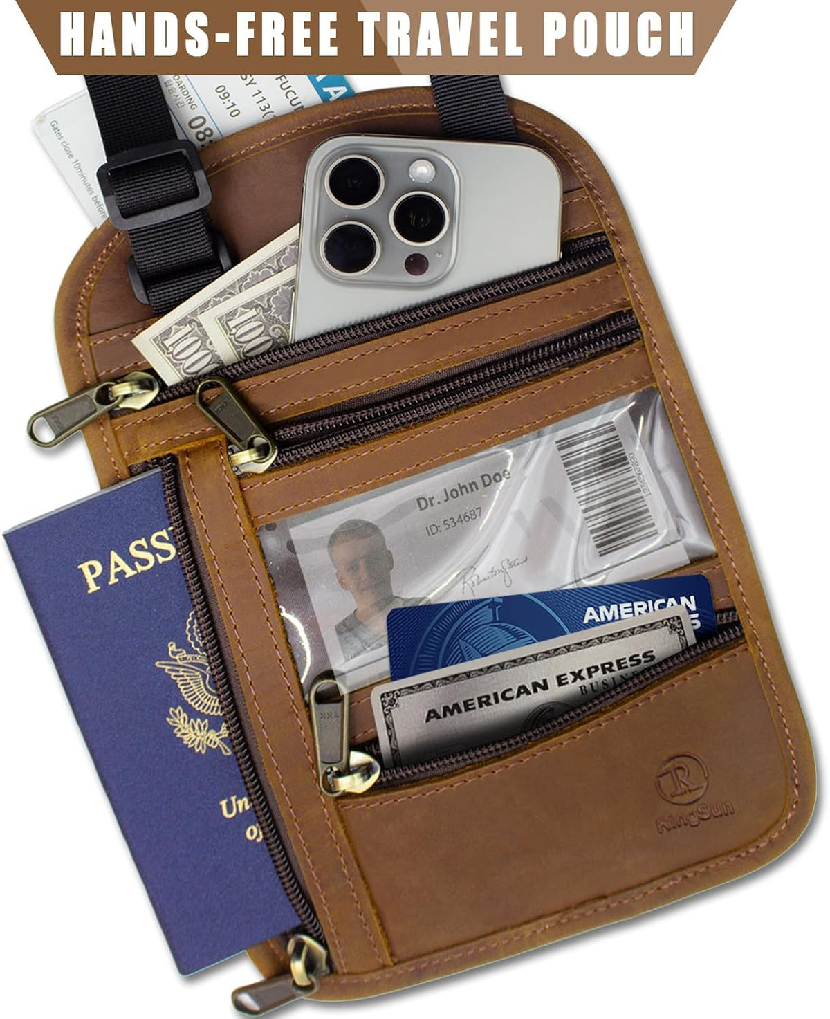 RFID-Blocking Leather Travel Passport Wallet with Adjustable Strap