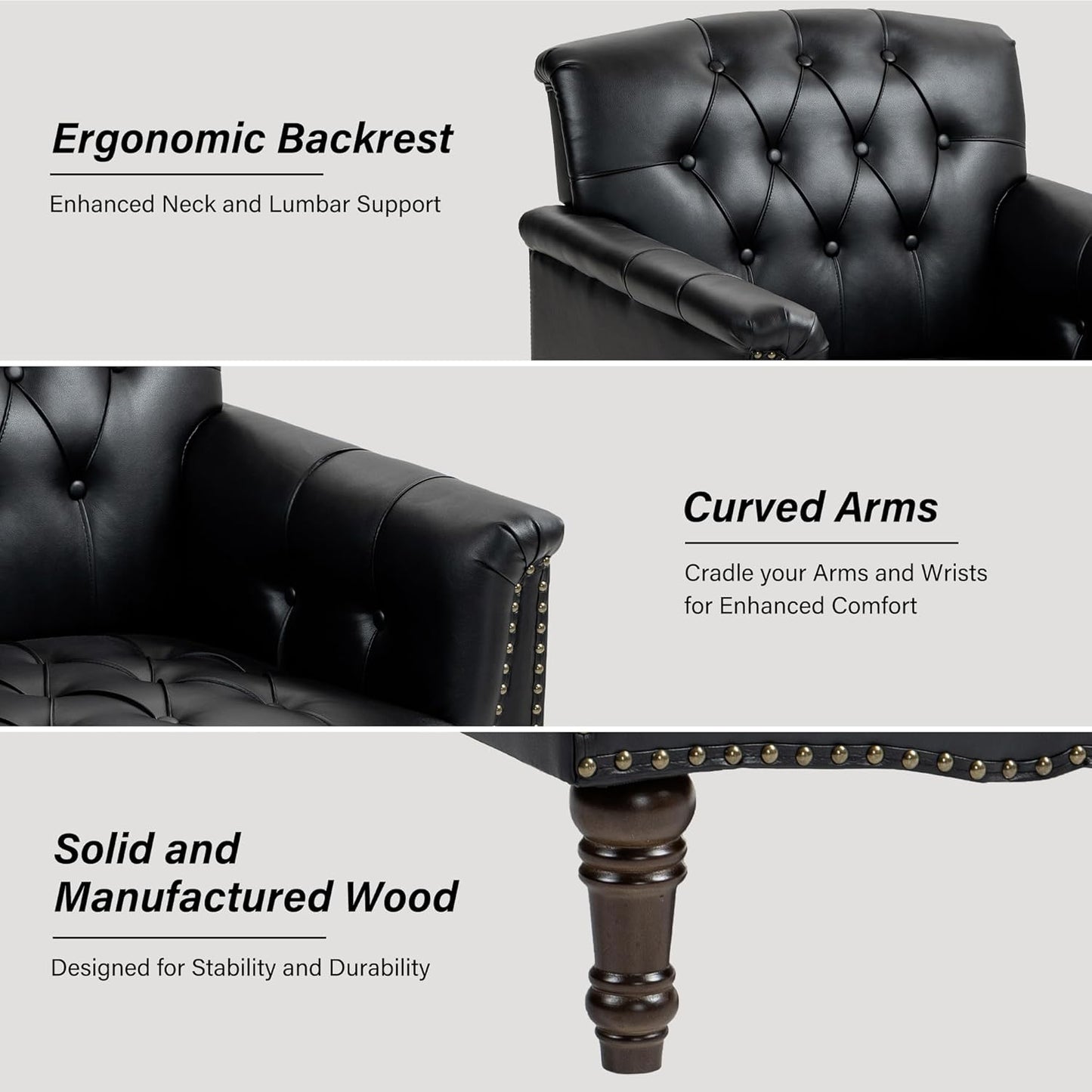 DREAMSIDEA Faux Leather Accent Chair, PU Leather Modern Comfy Upholstered Armchair with Wood Legs & Nailhead Trim for Living Room, Bedroom (Black,Set of 2)