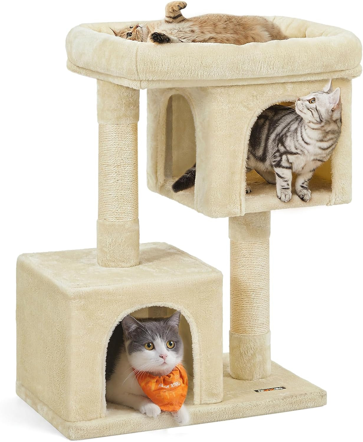 Feandrea Cat Tree, 33.1-Inch Cat Tower, Plush Condo for Large Cats up to 16 Lb, Large Perch, 2 Caves, Scratching Post, Light Gray UPCT61W