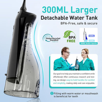 COSLUS Water Dental Flosser Teeth Pick C20: ADA Accepted, Portable Cordless Oral Irrigator 300ML Rechargeable Travel Irrigation Cleaner IPX7 Waterproof Electric Flossing Machine for Teeth, Black