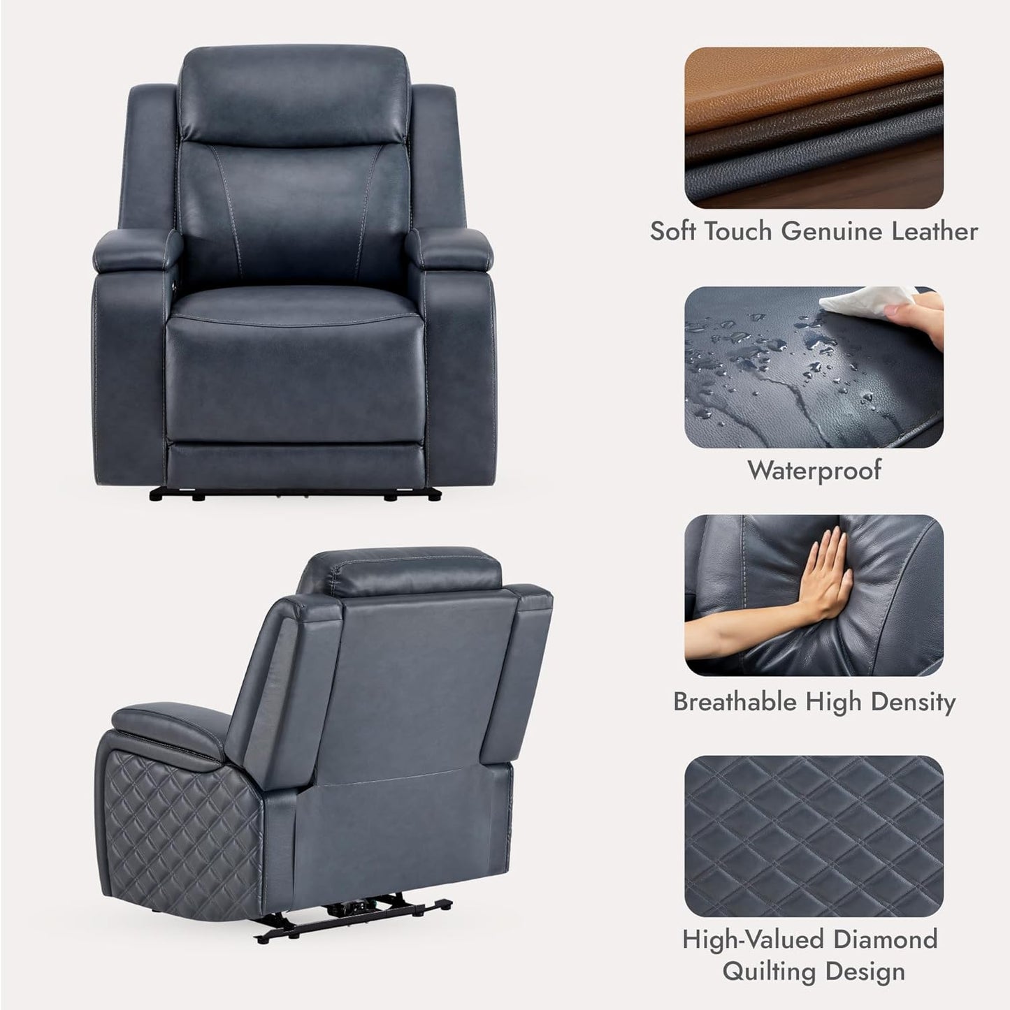 Watson & Whitely Genuine Leather Power Recliner Chairs for Adults, Zero Gravity Recliner with Power Headrest & Hidden Storage, RV Electric Reclining Sofa Chair for Living Room, Home Office, Navy