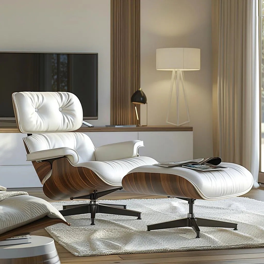 Mid-Century Full Grain Leather Accent Chaise Lounge Chair and Ottoman