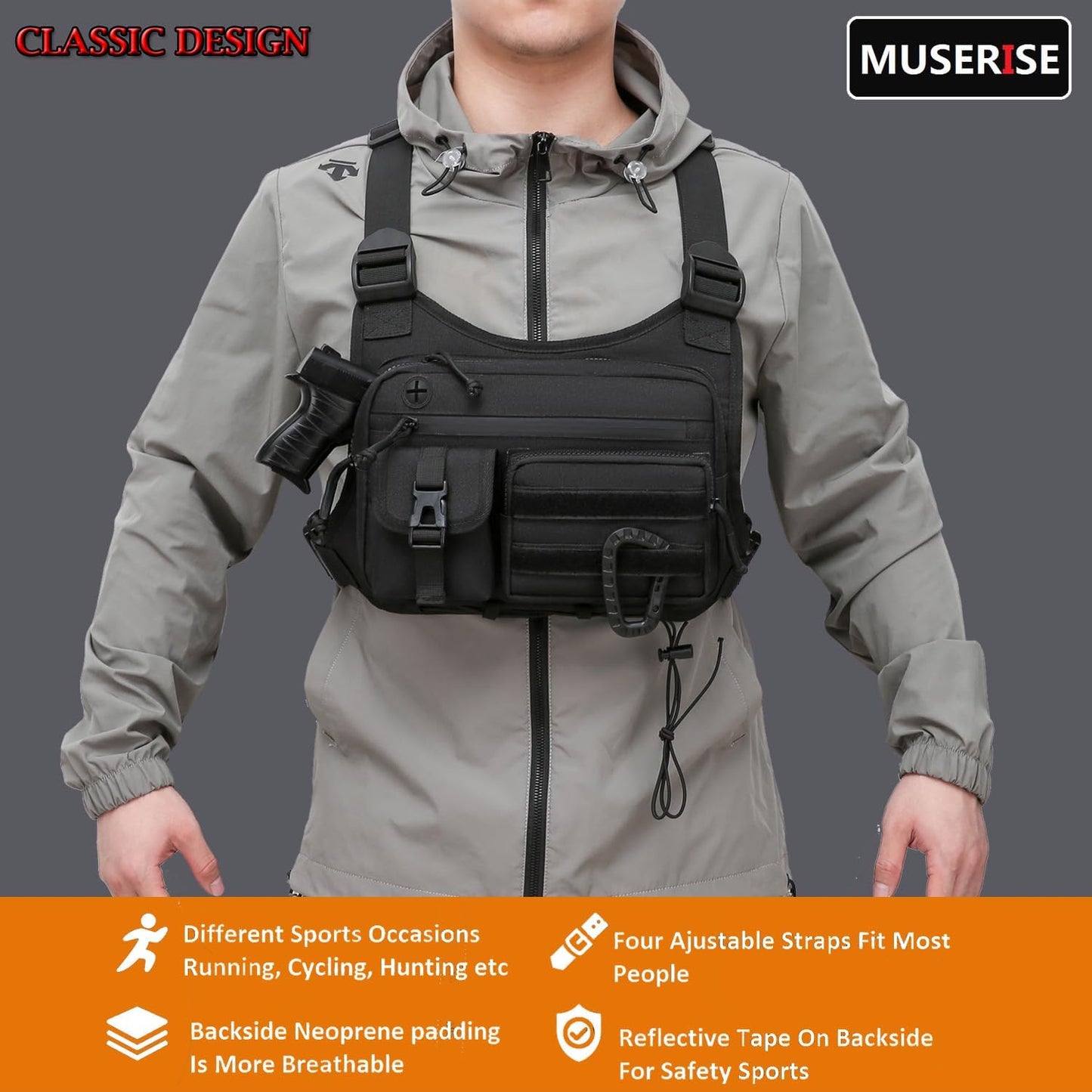 Outdoor Chest Bag for Men and Women, Tactical Vest for Running, Cycling, EDC Chest Pack Rig for Sports and Workouts
