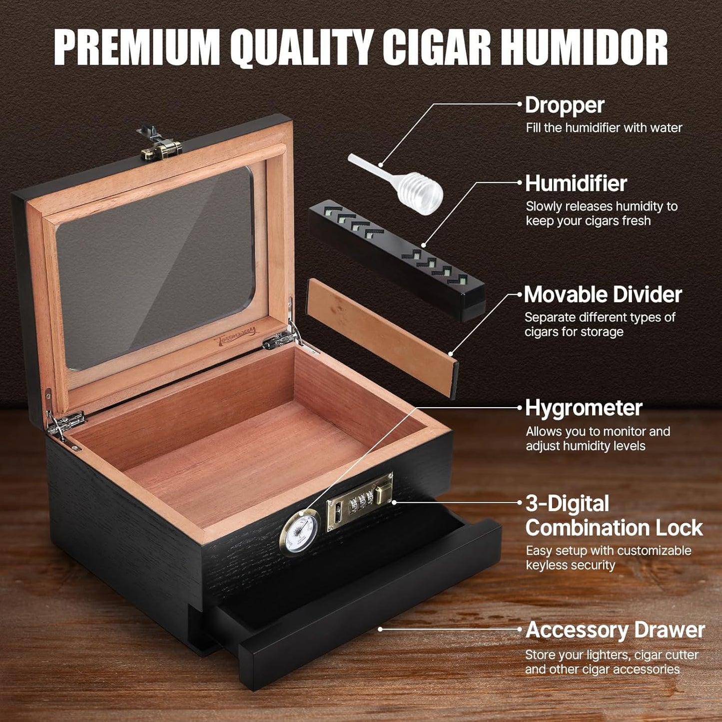 Cigar Humidor, Cedar Wood Humidor Cigar Box, Glass Top Desktop Humidor with Front Hygrometer, Humidifier, Divider, Accessories Drawer and Combination Lock, Cigar Gifts for Men (Black)
