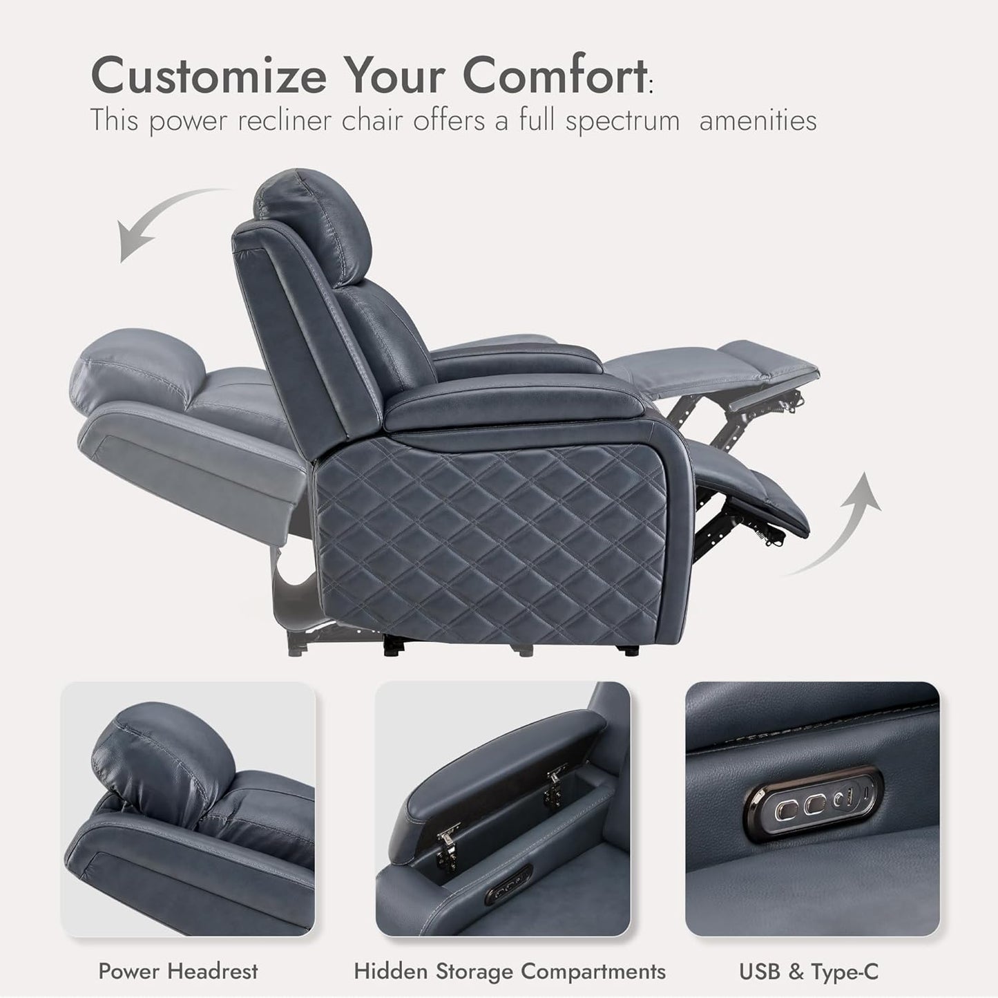 Watson & Whitely Genuine Leather Power Recliner Chairs for Adults, Zero Gravity Recliner with Power Headrest & Hidden Storage, RV Electric Reclining Sofa Chair for Living Room, Home Office, Navy
