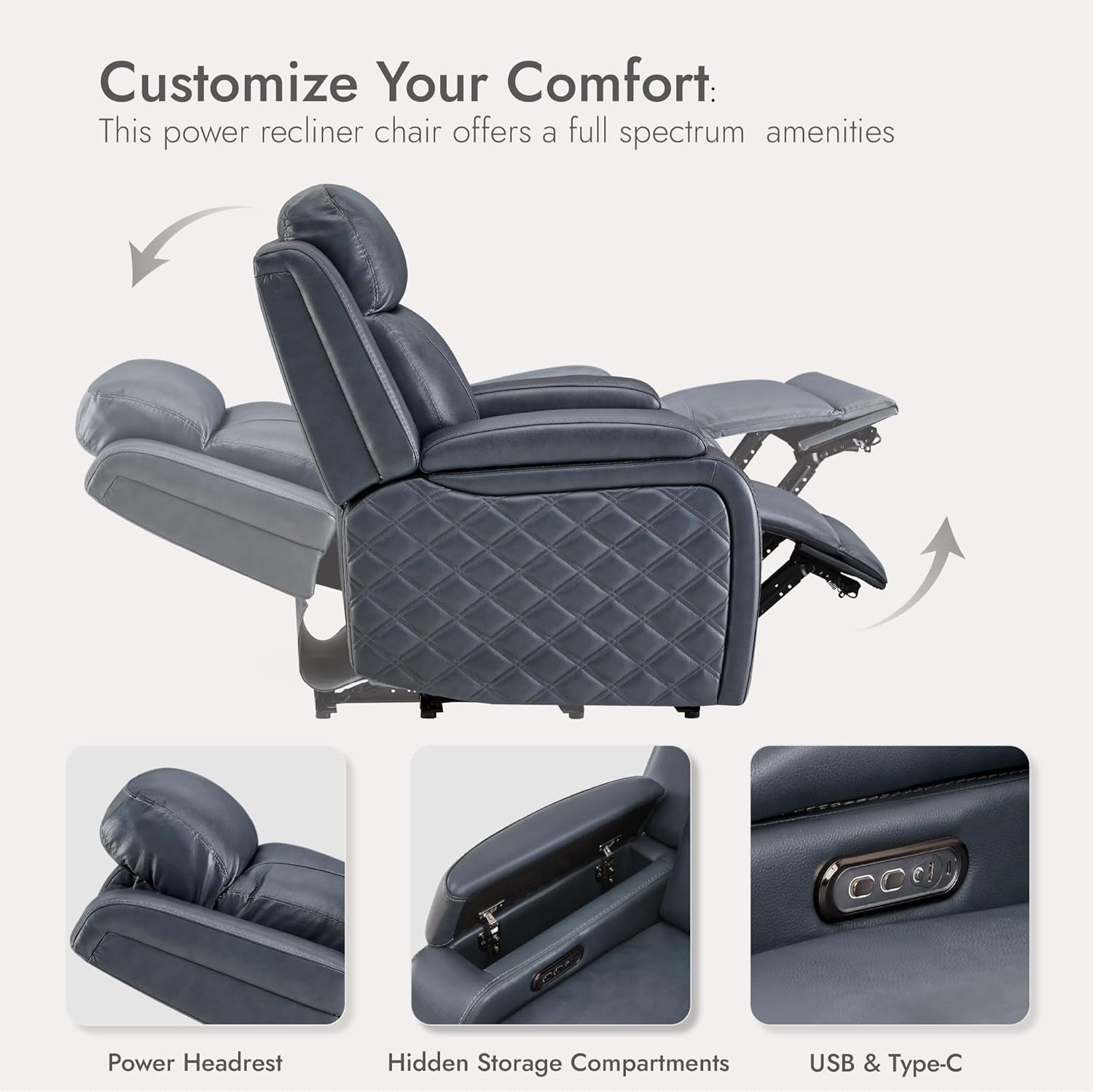 Watson & Whitely Genuine Leather Power Recliner Chairs for Adults, Zero Gravity Recliner with Power Headrest & Hidden Storage, RV Electric Reclining Sofa Chair for Living Room, Home Office, Navy