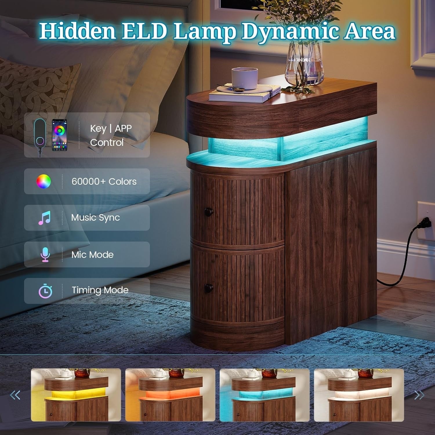 Bedroom Nightstand Charging Station LED Lights Sliding Top Drawers