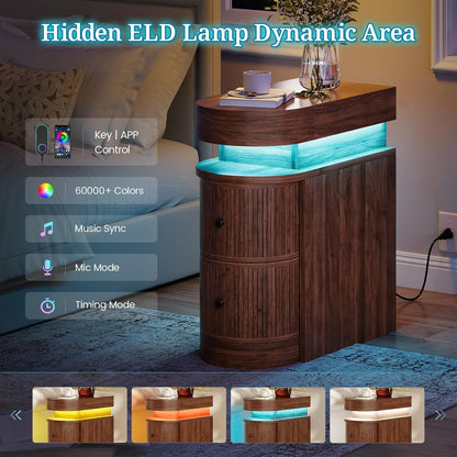 Bedroom Nightstand Charging Station LED Lights Sliding Top Drawers