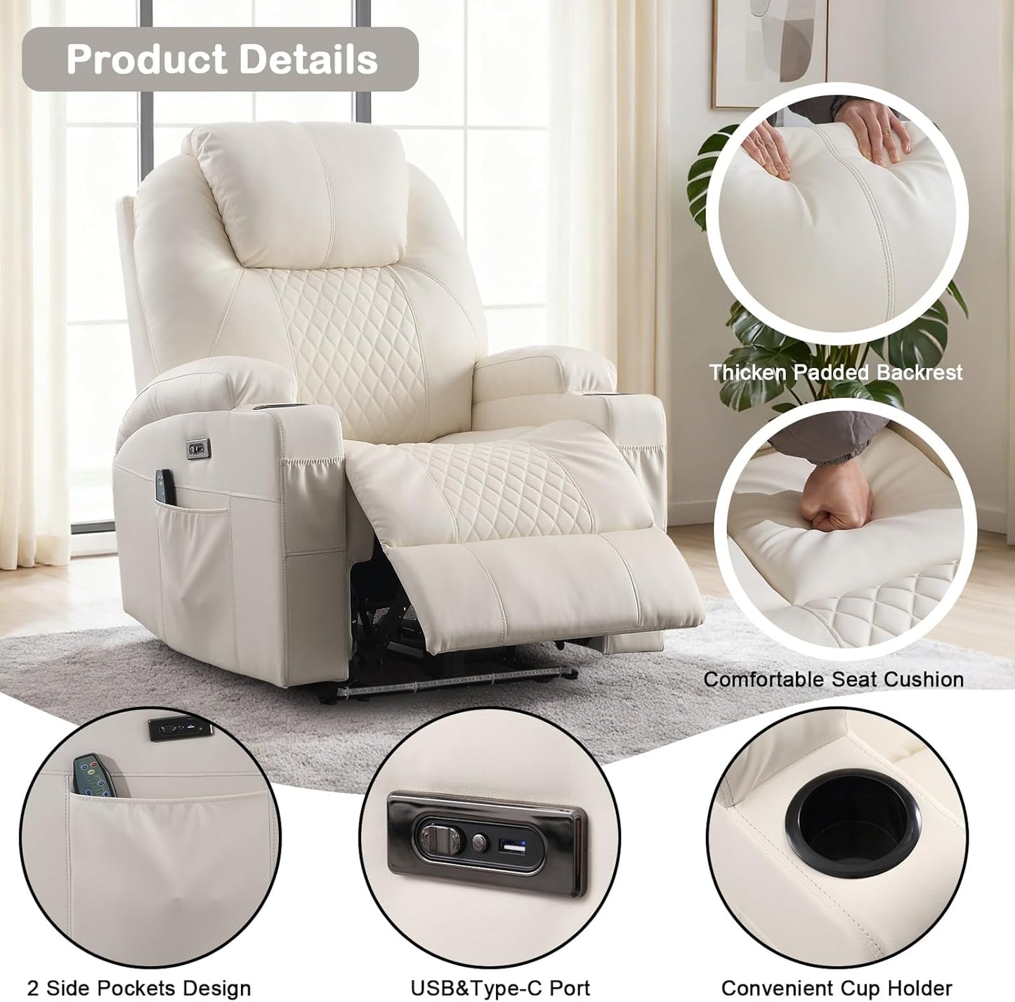 Power Recliner Chair with Heat and Massage for Adults - Home Theater Seating with LED Lights,Cup Holders,Side Pocket,Usb Port - Recliner Sofa for Living Room (Beige, Single Recliner)