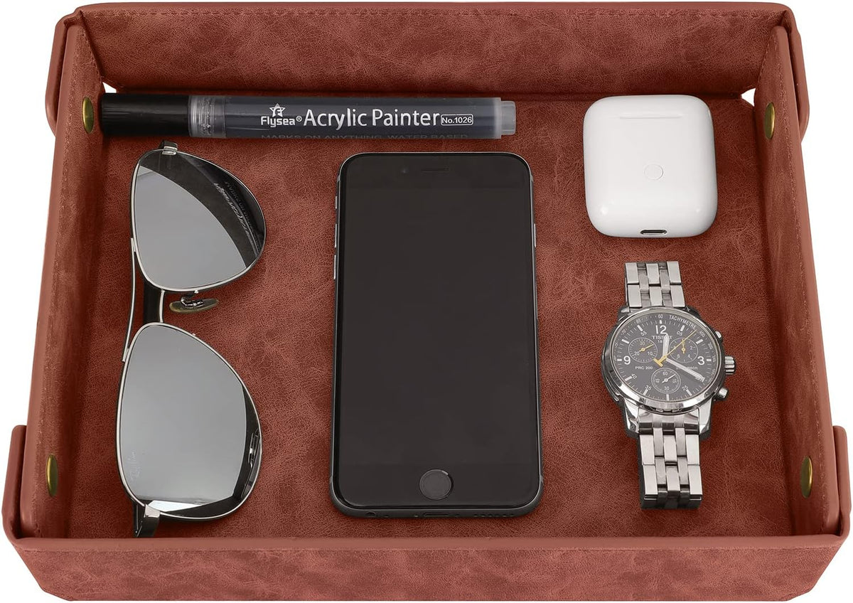 CASIRENA Faux Leather Valet Tray Organizer for Men - Catch-All Tray for Entryway Table Key, Wallet, Watch, Coin Change, Phone, Dresser EDC Dump Jewelry, Bedside Nightstand Desk-Top