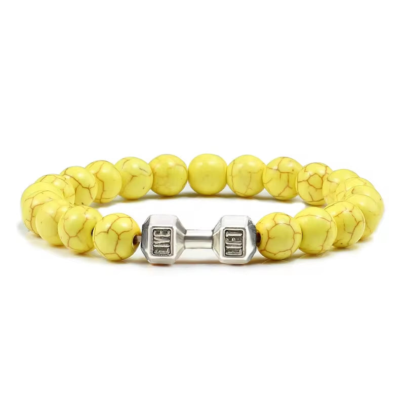 ForgeFit™ Volcanic Stone Fitness Bracelet / Natural Volcanic Stone Bracelet Men Matte Black Lave White Beads Charm Dumbbell Strand Bracelets Women Barbell Fitness Jewelry