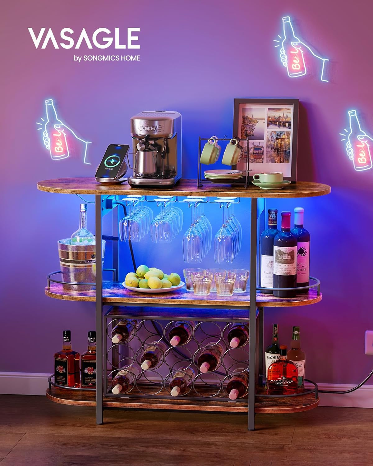 VASAGLE Bar Cabinet with LED Lights and Power Outlets, Freestanding Coffee Bar Wine Cabinet, Wine Rack, Glass Holder, Mini Bar for Liquor and Glasses, Kitchen, Dining Room, Rustic Brown ULWR007K01S