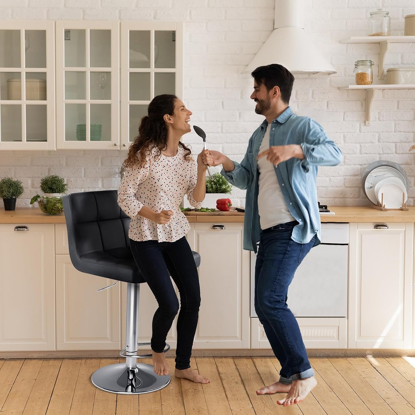 DUMOS Bar Stools Set of 4, 24 Inch Counter Height Bar Stools, Upholstered Modern Kitchen Barstools with Metal Base, PU Leather Saddle Stools for Kitchen Island, Inky Black