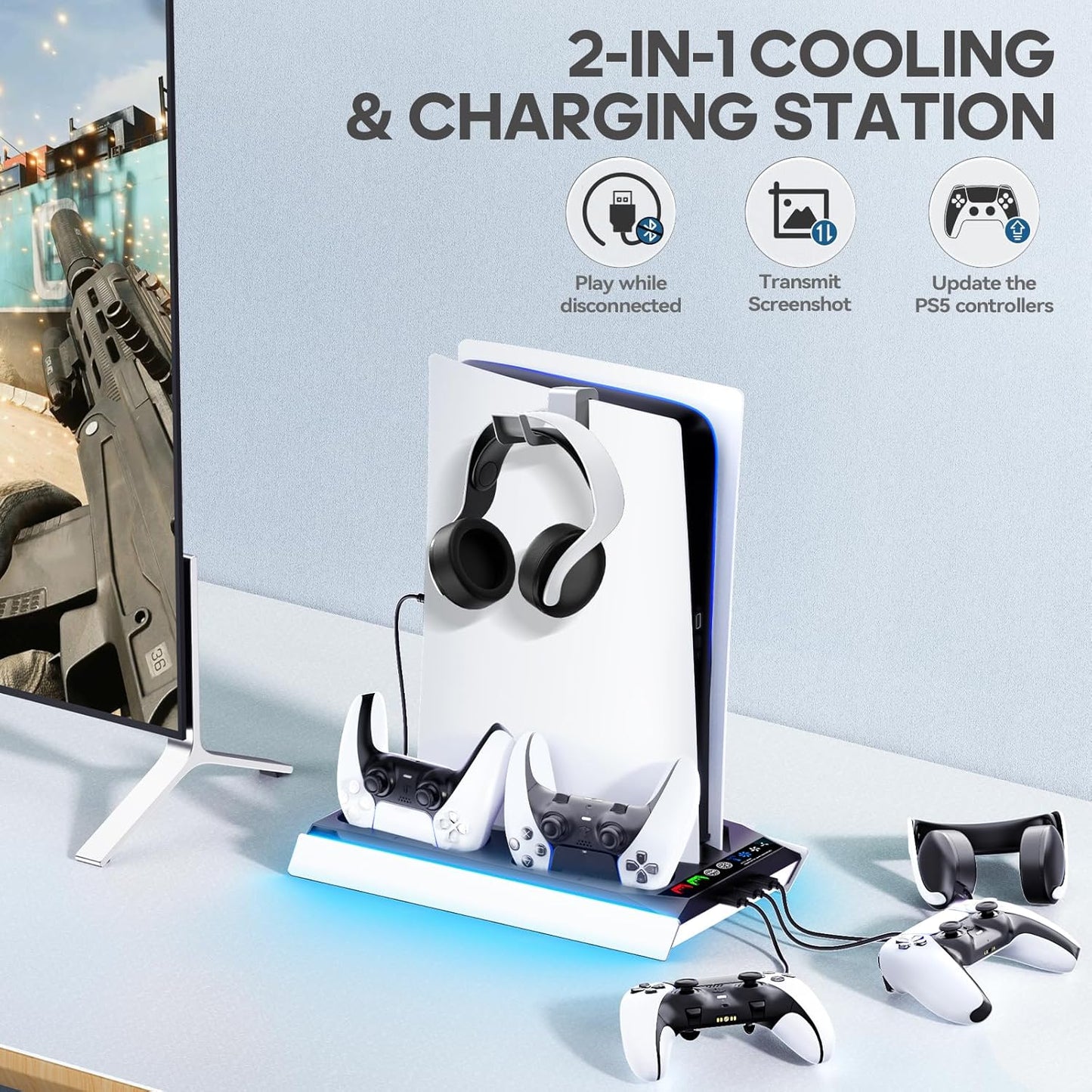 Ps5/Slim/Pro Cooling Station with Auto Turbofan & 3-Level Speed, PS5 Vertical Stand Cooling Fan Station with Controller Charger, Accessories Base Cooler Docking Station for Sony Playstation 4 Charger