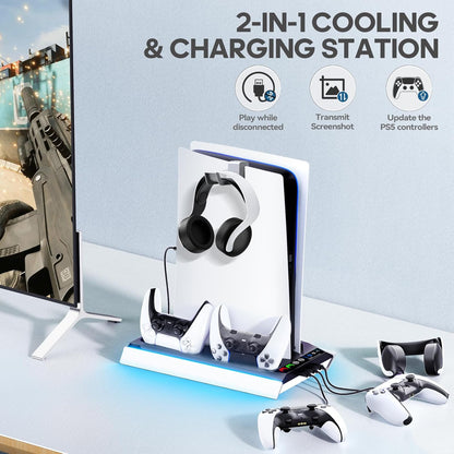 Ps5/Slim/Pro Cooling Station with Auto Turbofan & 3-Level Speed, PS5 Vertical Stand Cooling Fan Station with Controller Charger, Accessories Base Cooler Docking Station for Sony Playstation 4 Charger