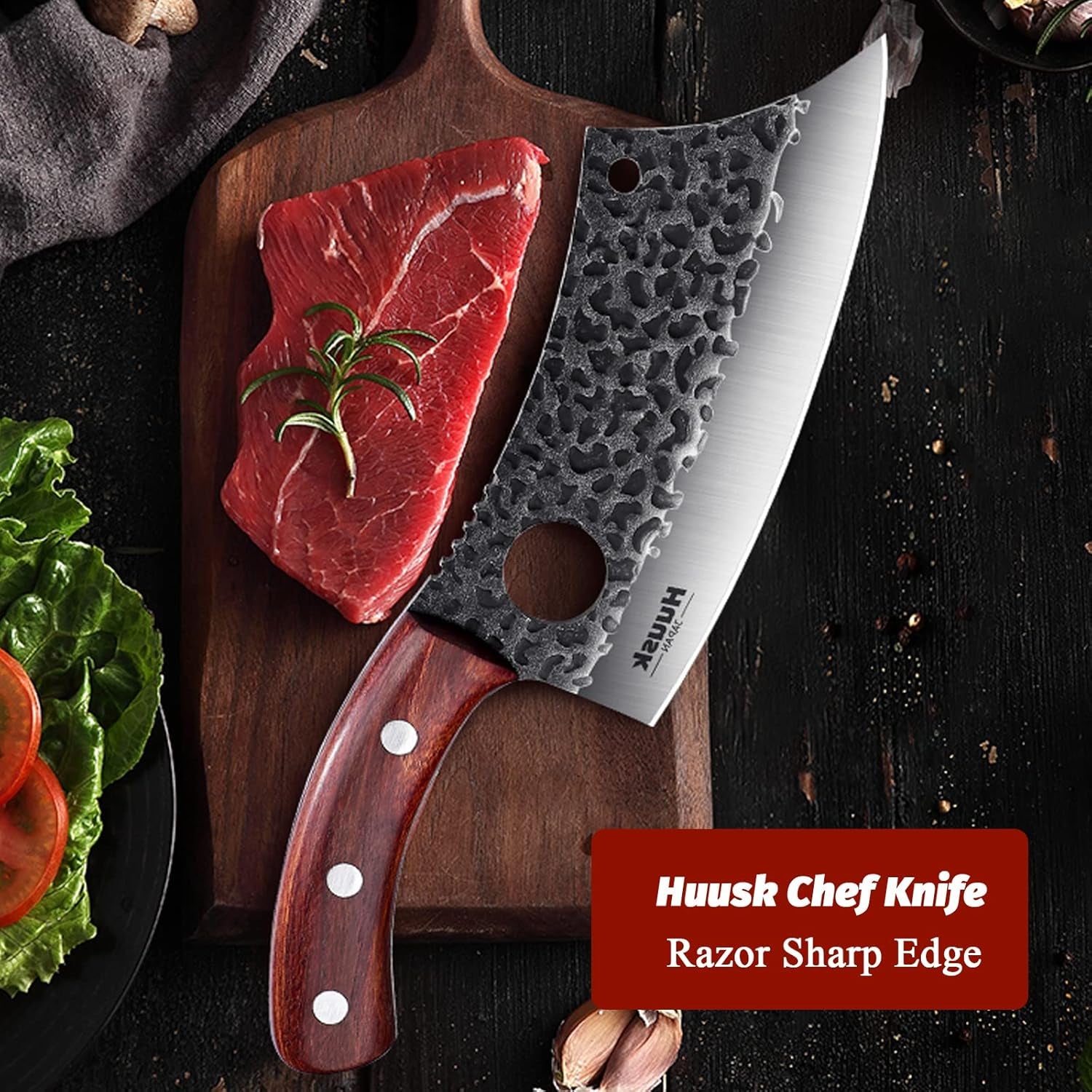 Meat Cleaver Knife, Hand Forged Butcher Knife for Meat Cutting, Full Tang Viking Knife with Sheath, Japanese Chef Knives for Kitchen, Outdoor Cooking, Camping, BBQ, Gift for Man and Women