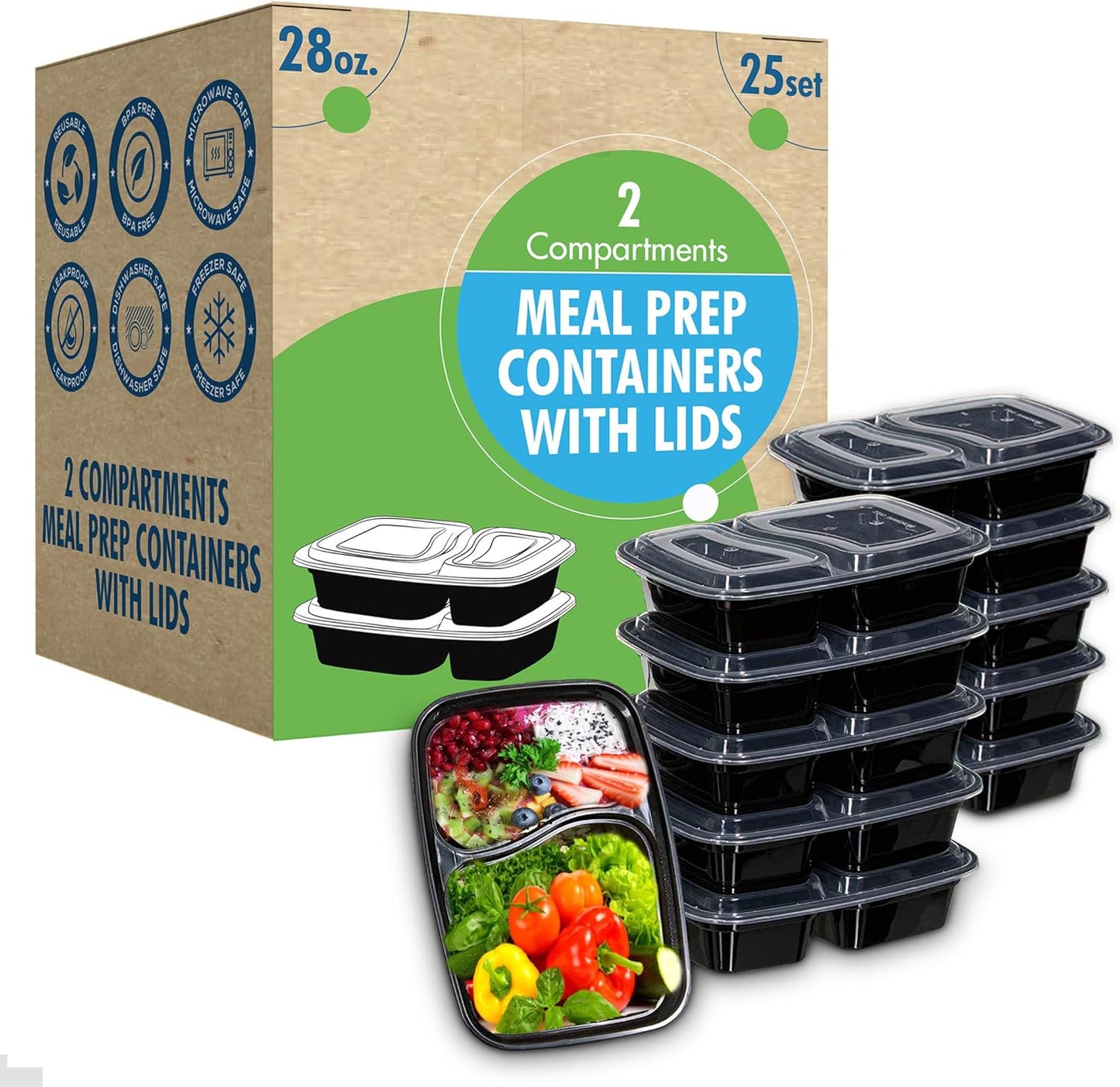 Safeware Meal Prep Container Reusable with Lids [25 Set] 24Oz. Ideal-Food Prep Containers, Food Storage Bento Box, Portion Control | Stackable | Microwave | Dishwasher | Freezer Safe