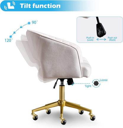 Home Office Chair Swivel Velvet Desk Chair Accent Armchair Upholstered Modern Tufted Chairs with Gold Base for Girls Women Ergonomic Study Seat Computer Task Stools for Living Room(Cream)