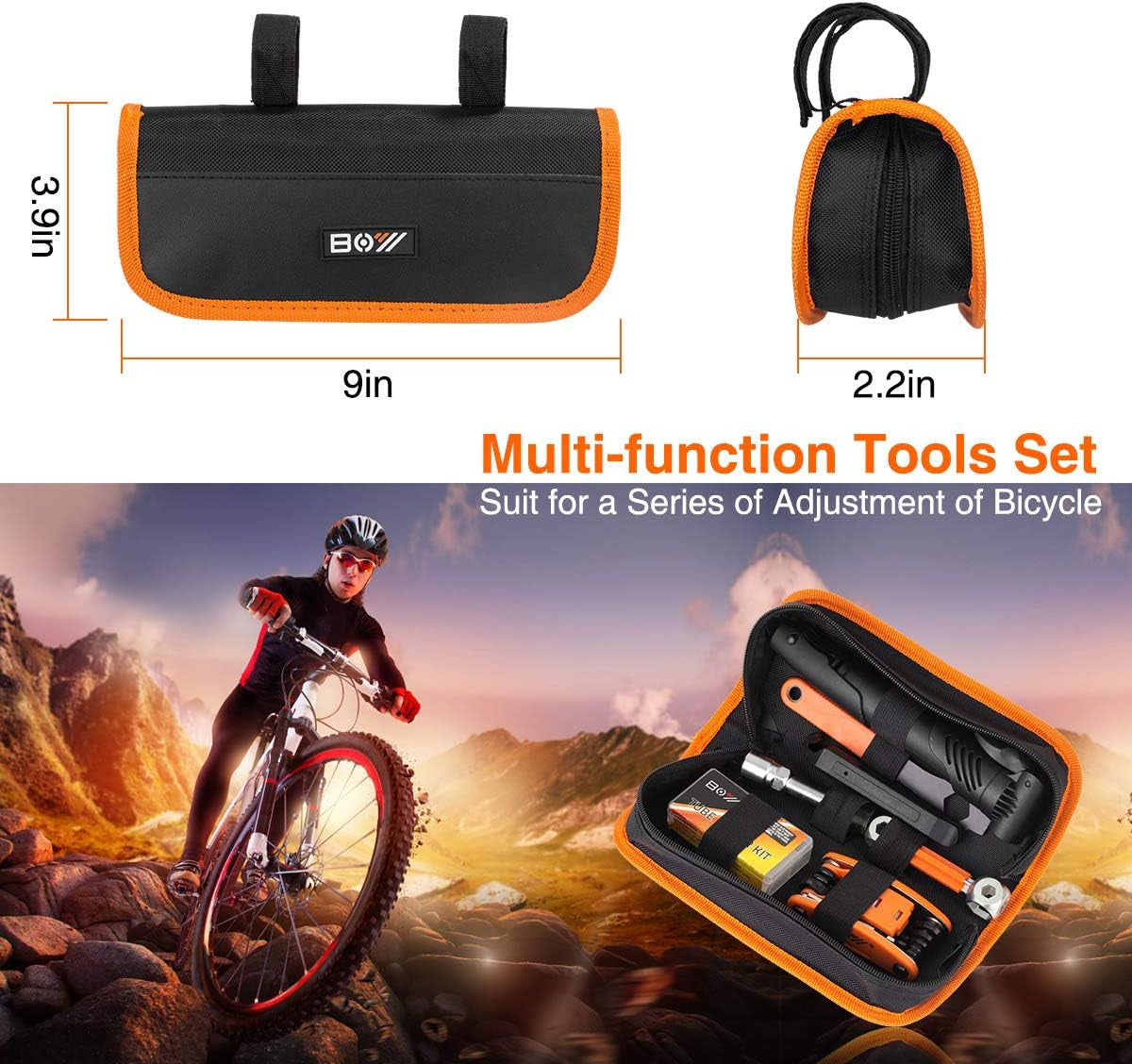 Bicycle Repair Bag with Tire Pump, Portable Tool Kit for Camping Travel - Bike Glueless Patches, Maintenance Essentials All in One Safety Kit