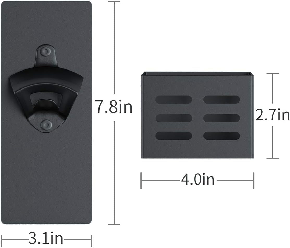 Magnetic Bottle Opener with Cap Catcher, Man Cave Accessories Removable Wall Mounted Beer Bottle Opener for Kitchen Fridge, Beer Gifts for Men (Black)